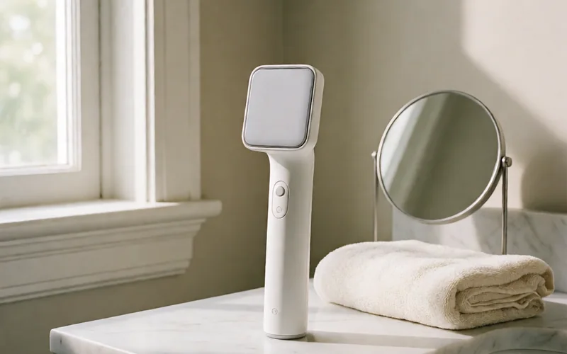Rincón de baño luminoso con la Philips Lumea 8000 junto a una toalla doblada
