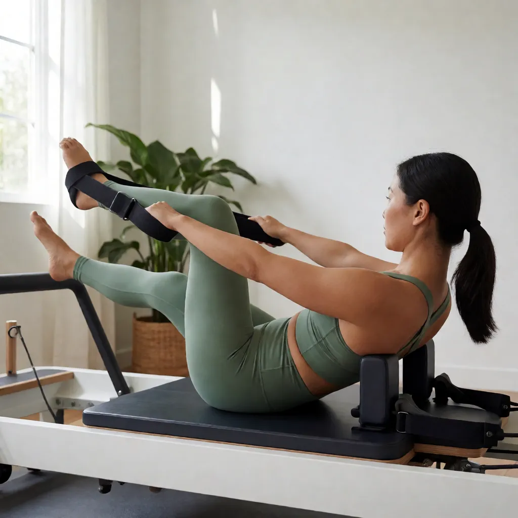 Mujer practicando pilates reformer en casa con buena postura y control del carriage