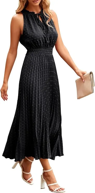 Vestidos Verano Mujer Sin Mangas Vestido Largo Cuello en V Elegante Dress Volante de Lunares Suizos Elástica Cintura Alta Casual