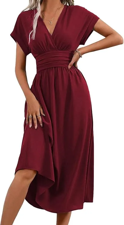 Vestido Primavera/Verano Manga Corta/Larga Mujer Casual Vestidos Largos Cuello en V Elegante Plisado Vestido Línea A Vestido Largo para Fiesta en Playa