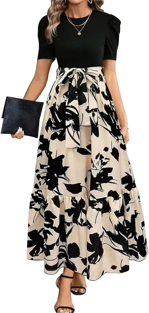 Vestido Mujer Florales de Manga Corta Cuello Redondo Elegante Verano Volante Dobladillo A Línea Largos Vestidos para Casual Noche Fiesta