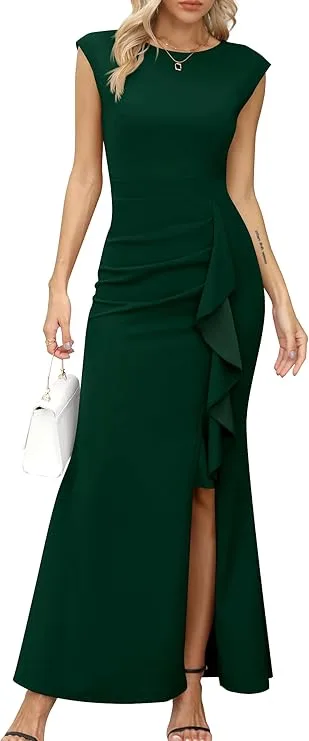 Vestido largo de fiesta para mujer, vestido de noche con corte sirena entallado, con volantes, abertura, mangas tipo ala, para bodas y eventos formales