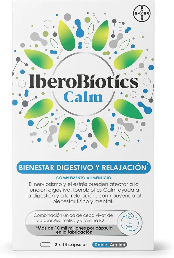 Iberobiotics Calm Probióticos, Enzimas Digestivas con Lactobacillus, Melisa y Vitamina B2 (28 cápsulas)
