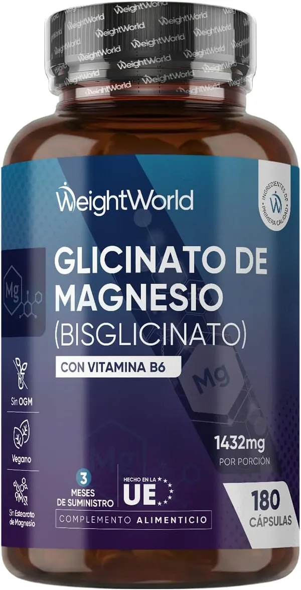Glicinato de Magnesio 1432 mg con Vitamina B6, 180 cápsulas veganas