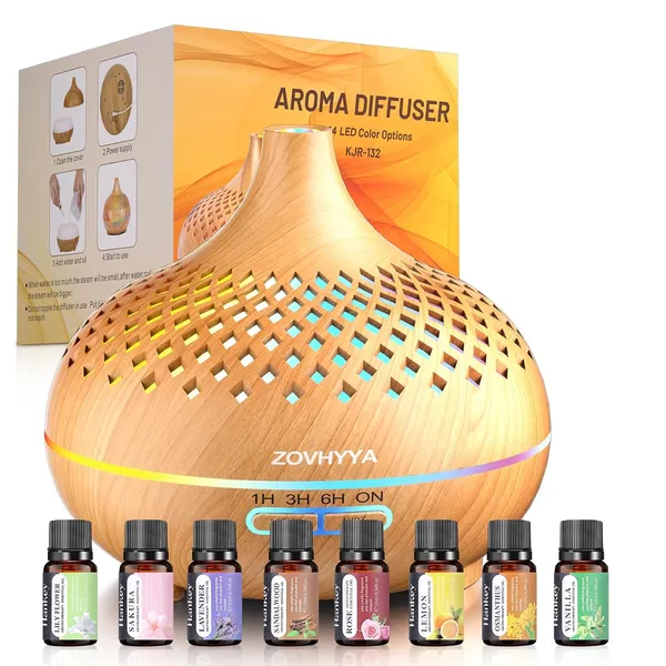 Difusor de aceites esenciales 500 ml + 8 aceites + mando