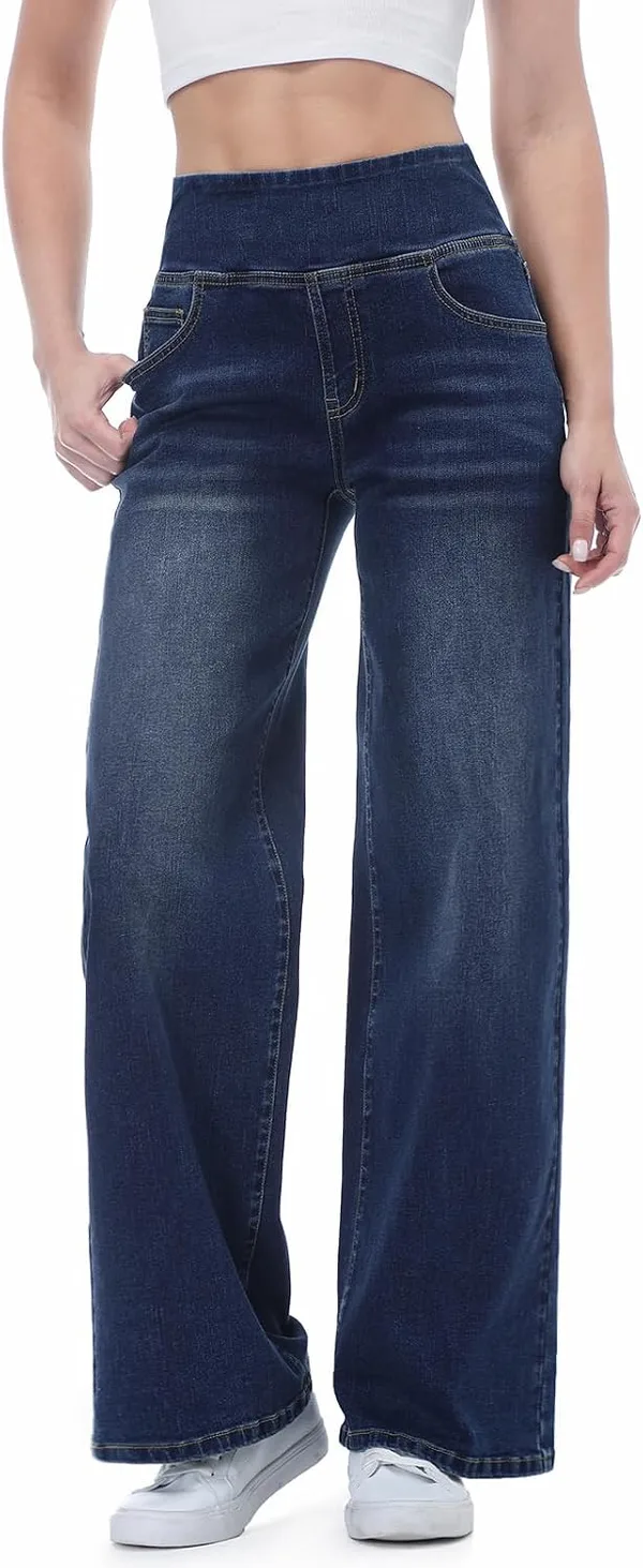 Vaqueros Mujer Largos, Pantalones Rectos y Ancha Jeans Elásticos Push Up Cintura Alta con Bolsillos
