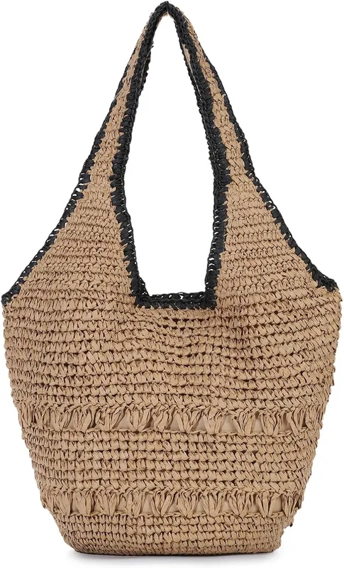 Bolso de Playa de Paja para Mujer, Bolso Tote Trensado Tendencia de Verano, Bolso Bandolera