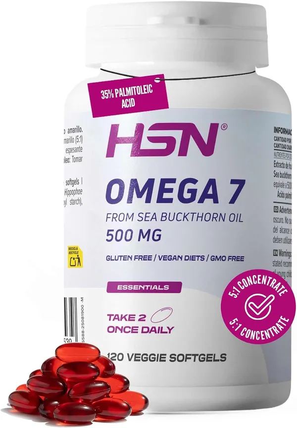 HSN Omega 7 vegano — aceite de espino amarillo 500 mg, 120 perlas veganas