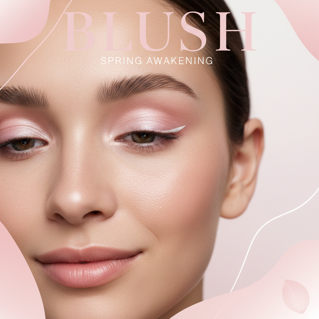 Close-up of a woman's face, focusing on the eye area. She has a fresh, dewy complexion and a subtle smile. Soft, diffused lighting highlights her skin. Pastel pink and white minimalist background. Editorial beauty magazine photography.