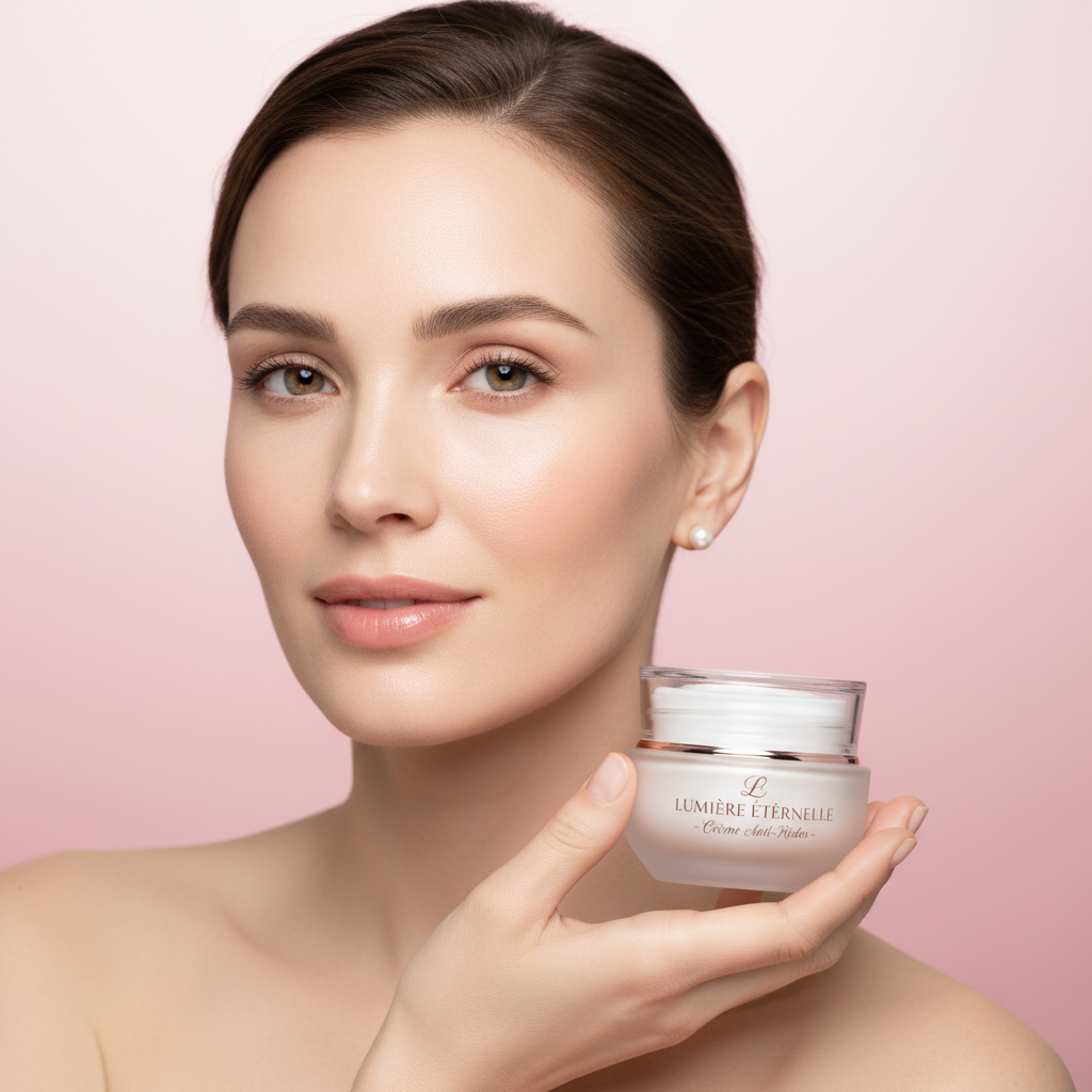 Elegant woman in her 30s with radiant skin, soft focus, holding a luxurious anti-wrinkle cream jar. Pastel pink background, soft natural diffused lighting, minimalist aesthetic, photorealistic, high quality 4K resolution, clean composition.