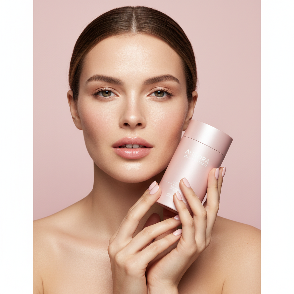 Elegant woman in her late 20s with radiant skin, holding a collagen supplement container. Soft, diffused natural light, pastel pink background, minimalist aesthetic. Focus on the woman's healthy skin and the product.