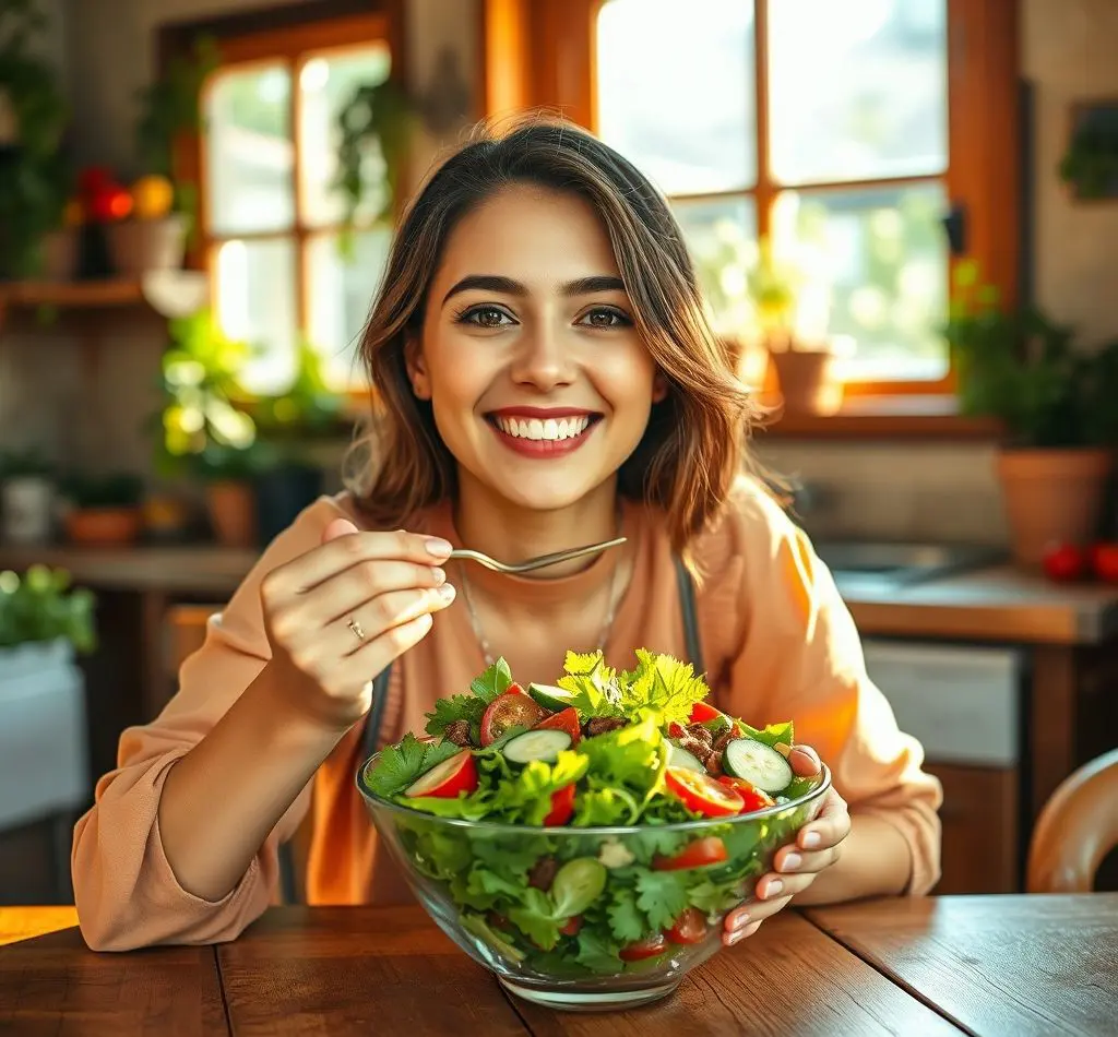 chica comiendo ensalada feliz