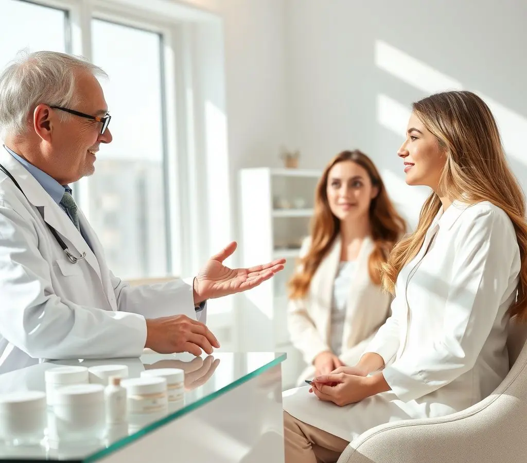 Detalles del adjunto dermatologo-recomendando-cremas-a-una-mujer.