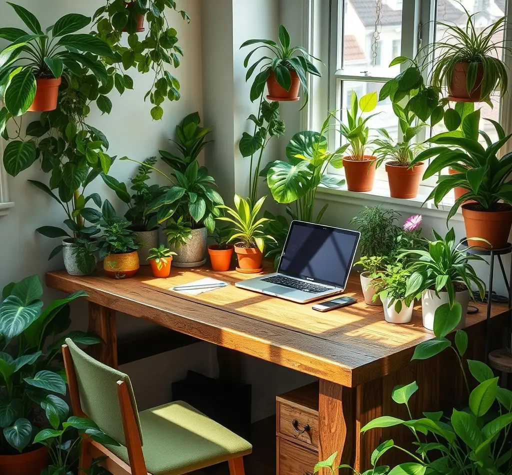 escritorio con plantas macetas