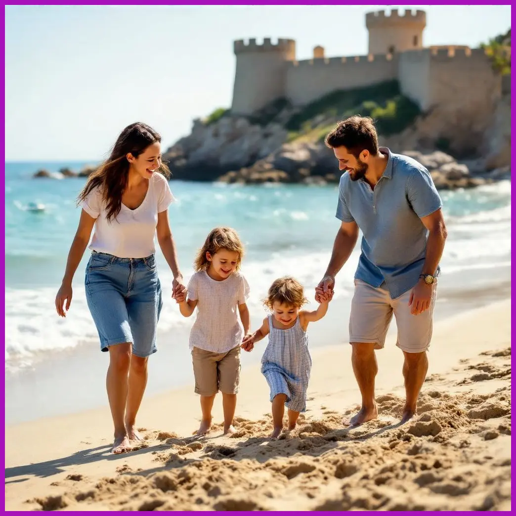 familia feliz playa ninos castillo arena