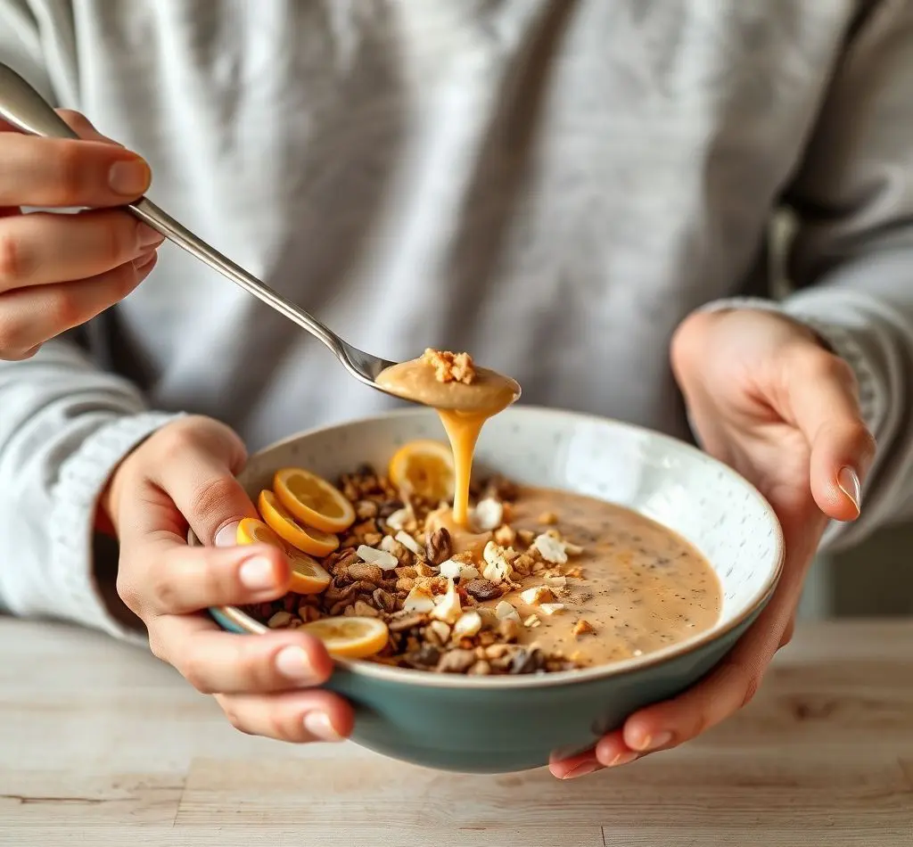 mano poniendo avena bowl