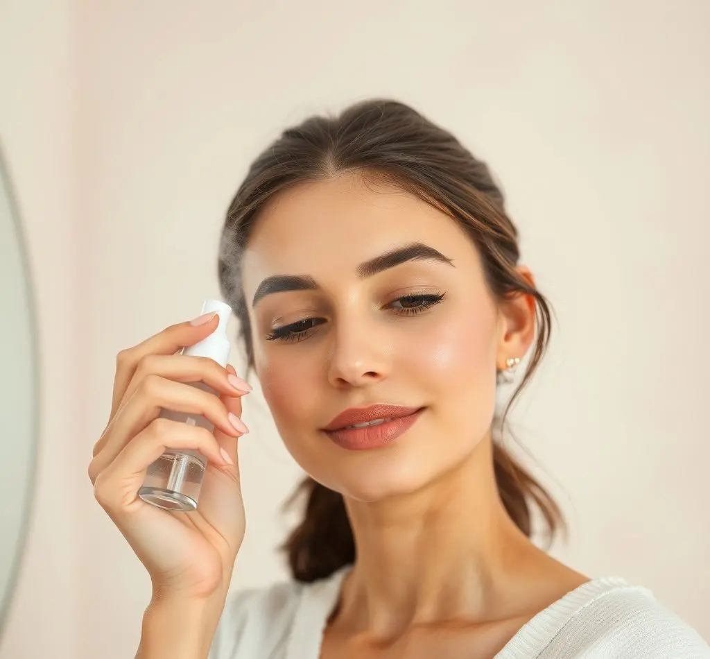 mujer aplicando bruma facial