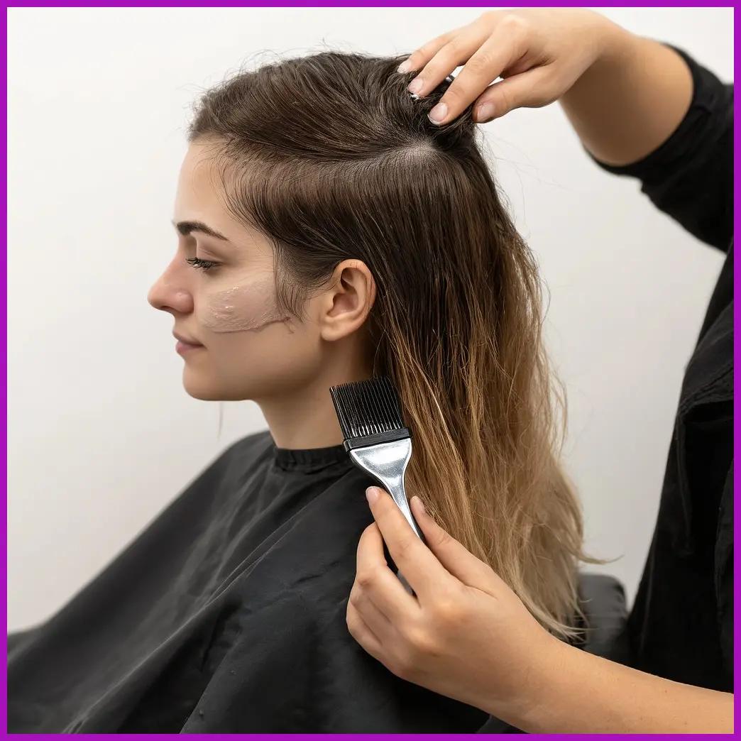mujer aplicando mascarilla capilar mechas rubias