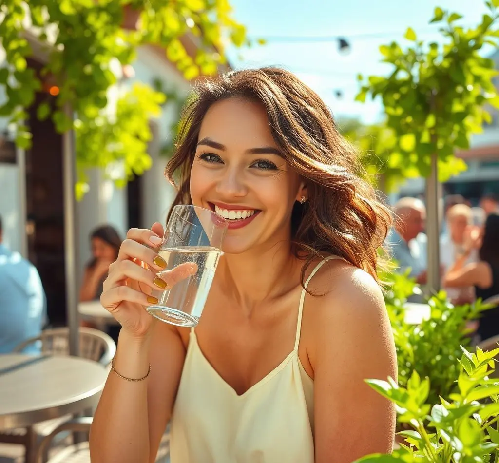 mujer bebiendo agua feliz