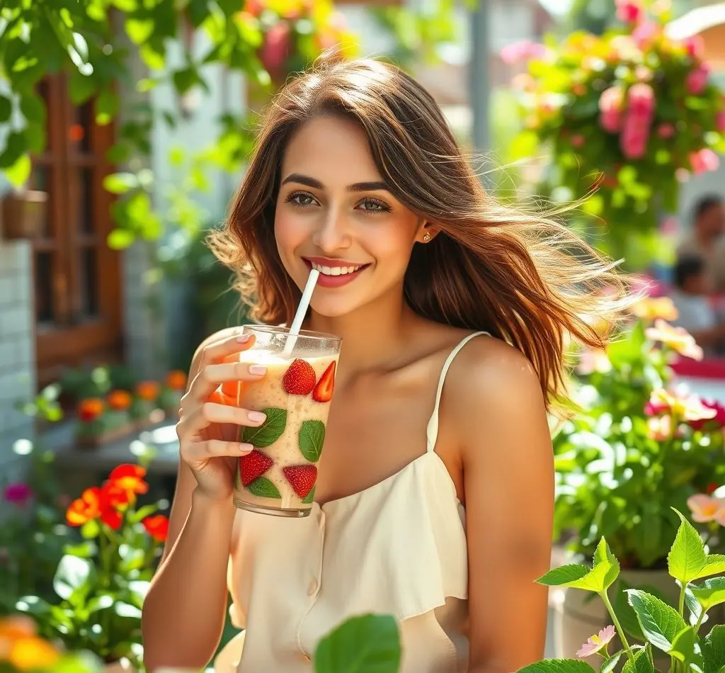 mujer bebiendo batido verano