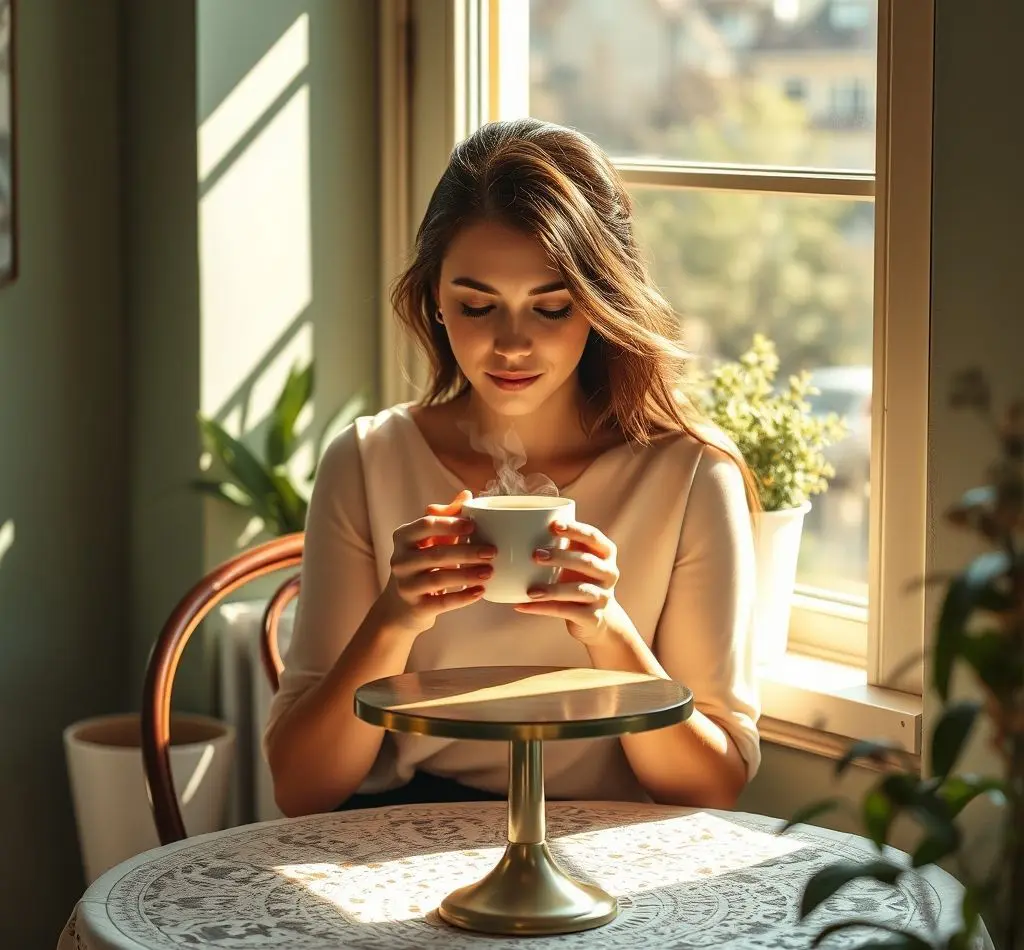 mujer bebiendo cafe consciente