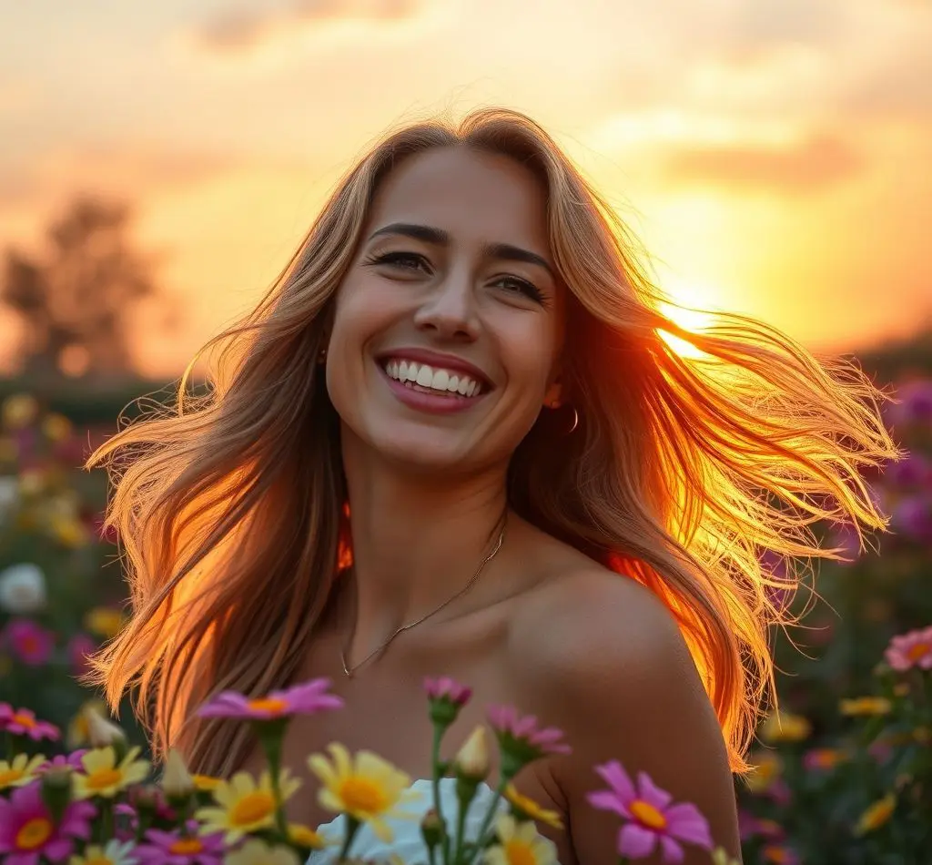 mujer cabello radiante feliz