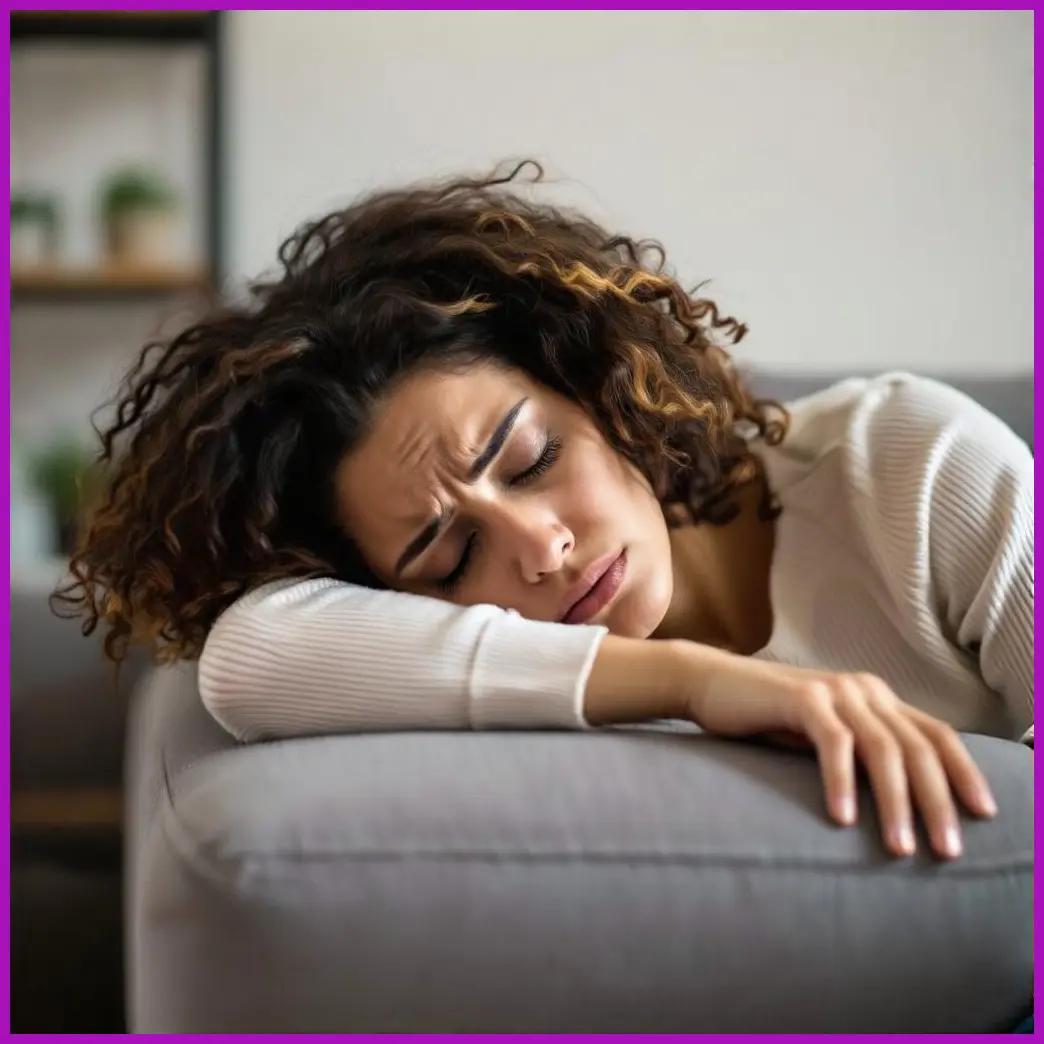 mujer cansada en el sofa