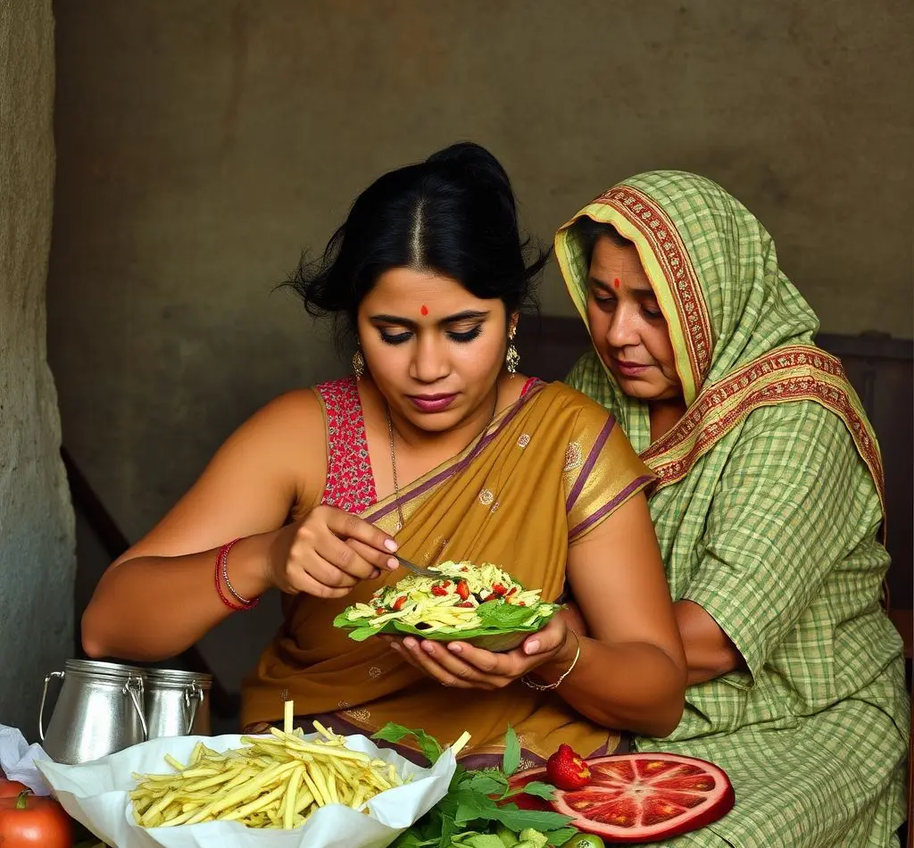 mujer comiendo ensalada atenta