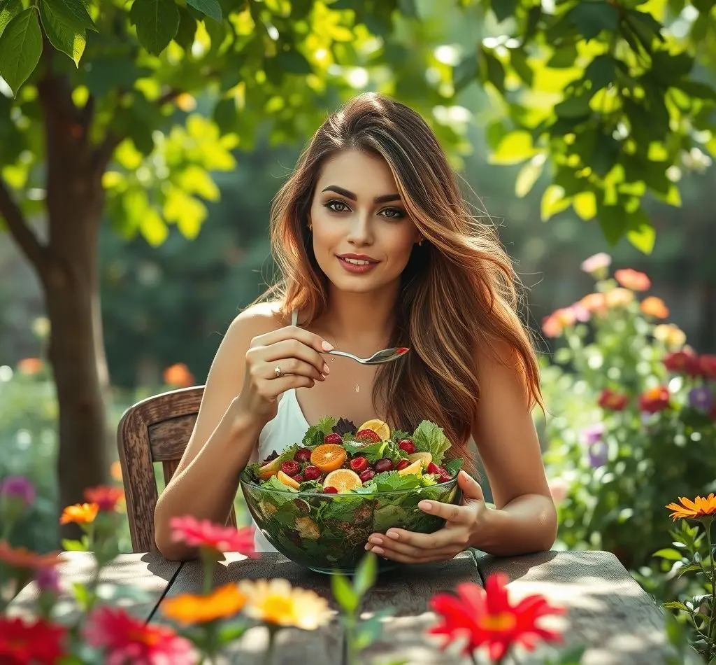 mujer comiendo ensalada calma