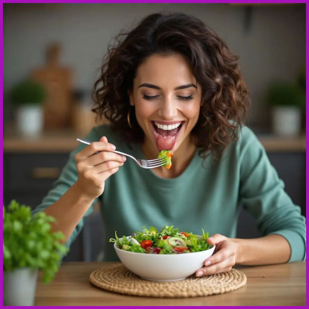 mujer comiendo ensalada sana