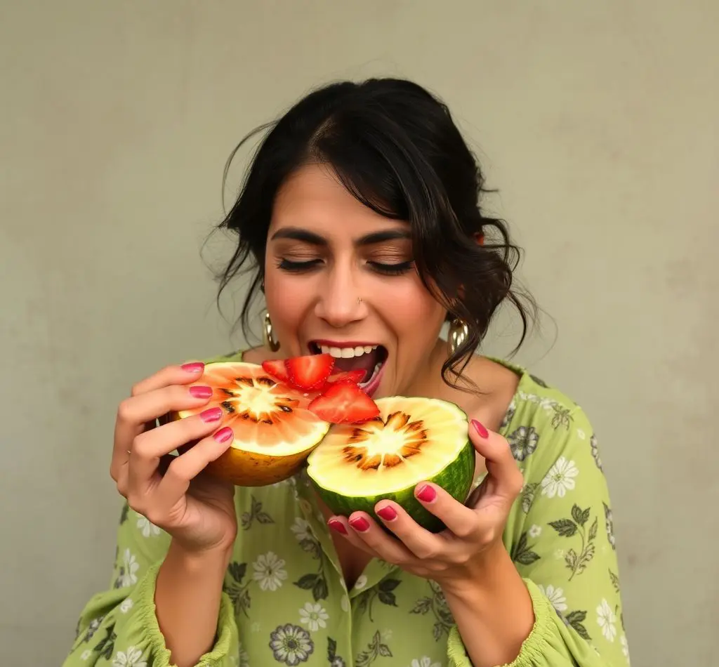 mujer comiendo fruta fresca