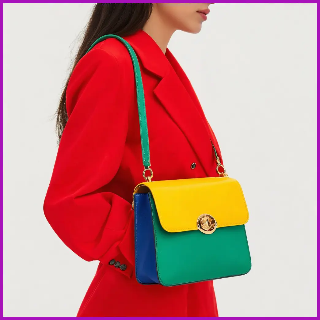 mujer con bolso colores vibrantes