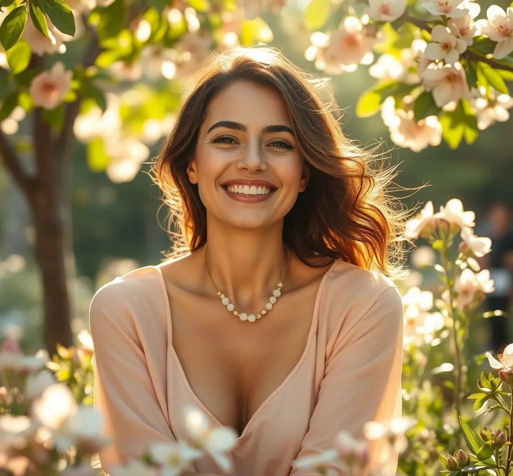 mujer con calma sonriendo