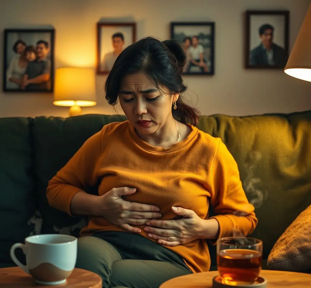 mujer con dolor estomago