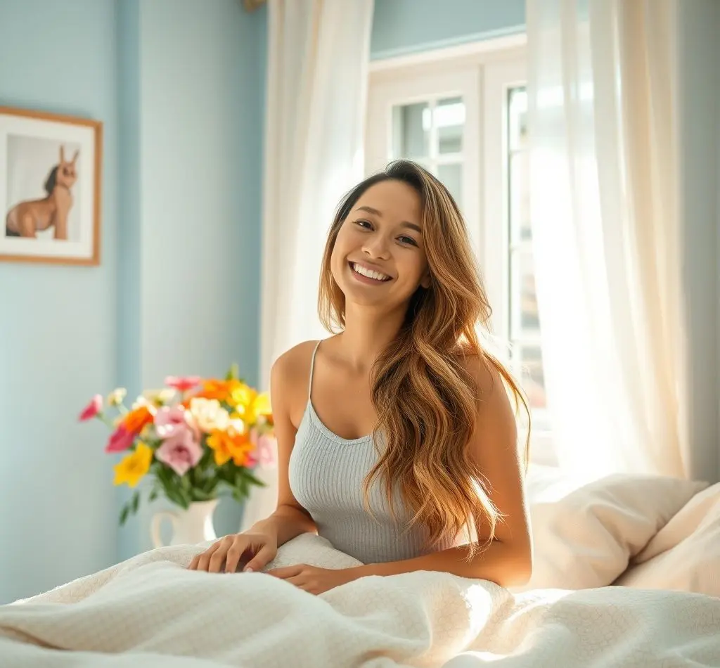 mujer despierta sonriente