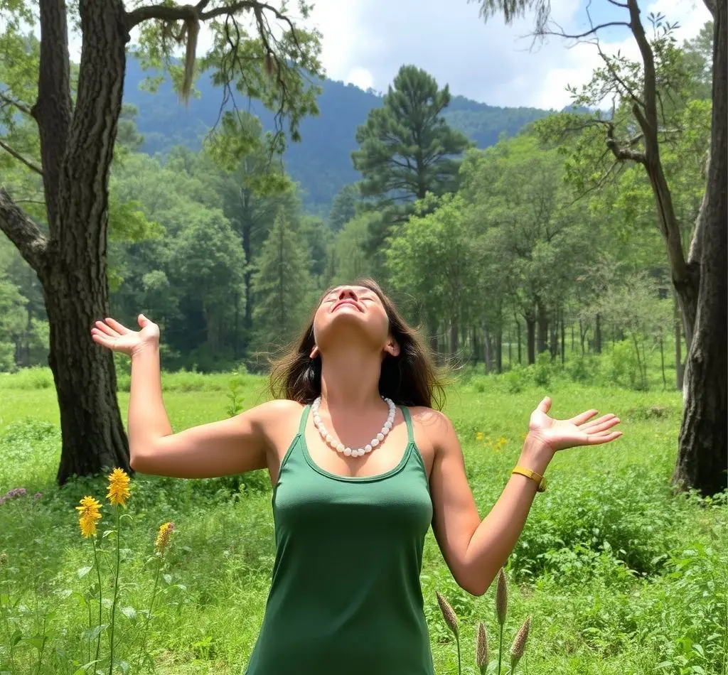 mujer disfrutando paz bosque
