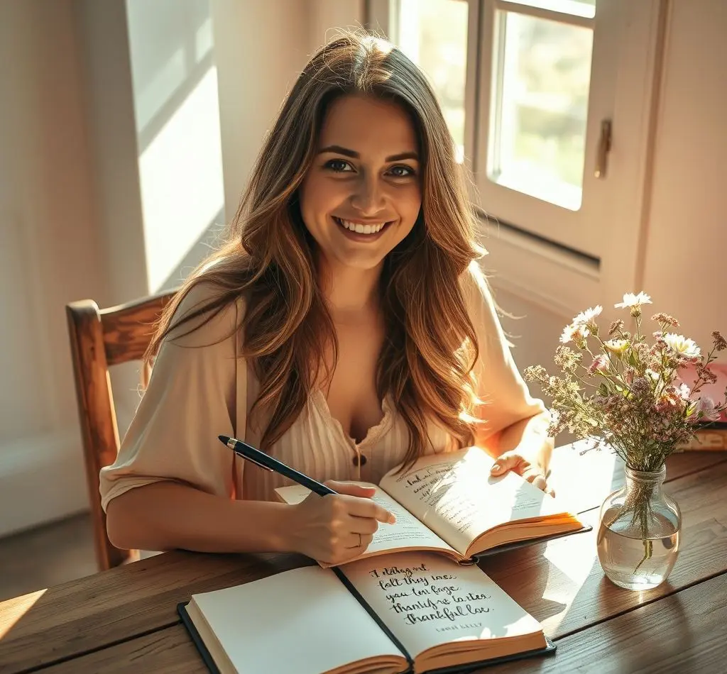 mujer escribiendo diario agradecimiento