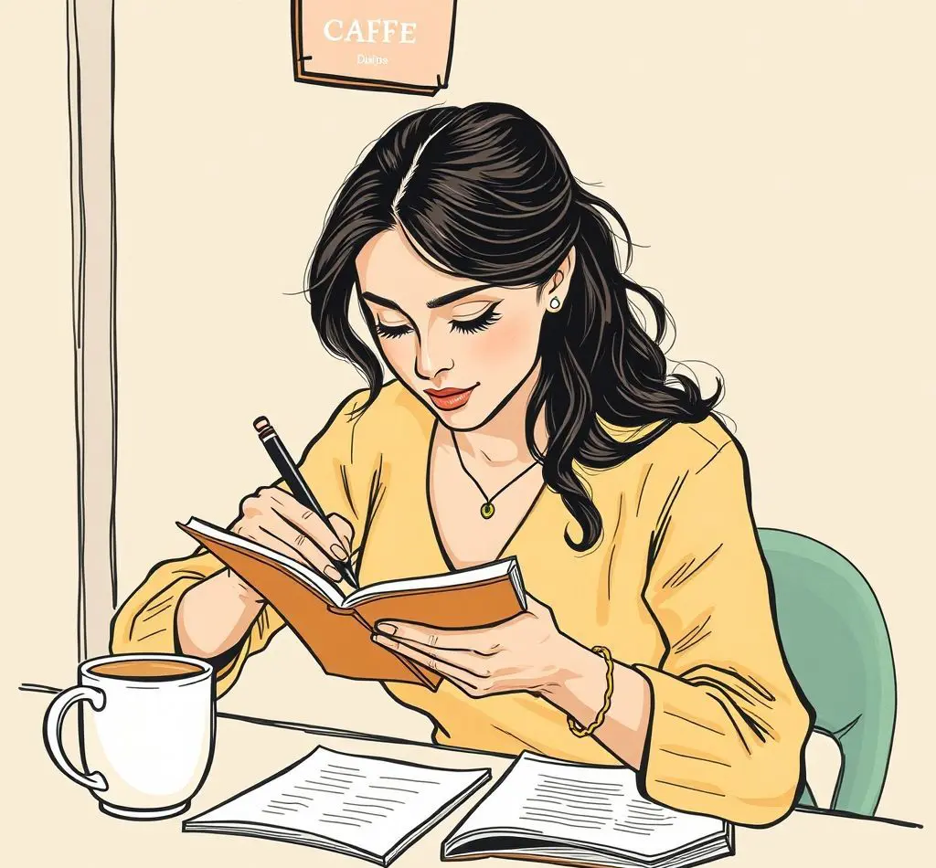 mujer escribiendo diario cafe