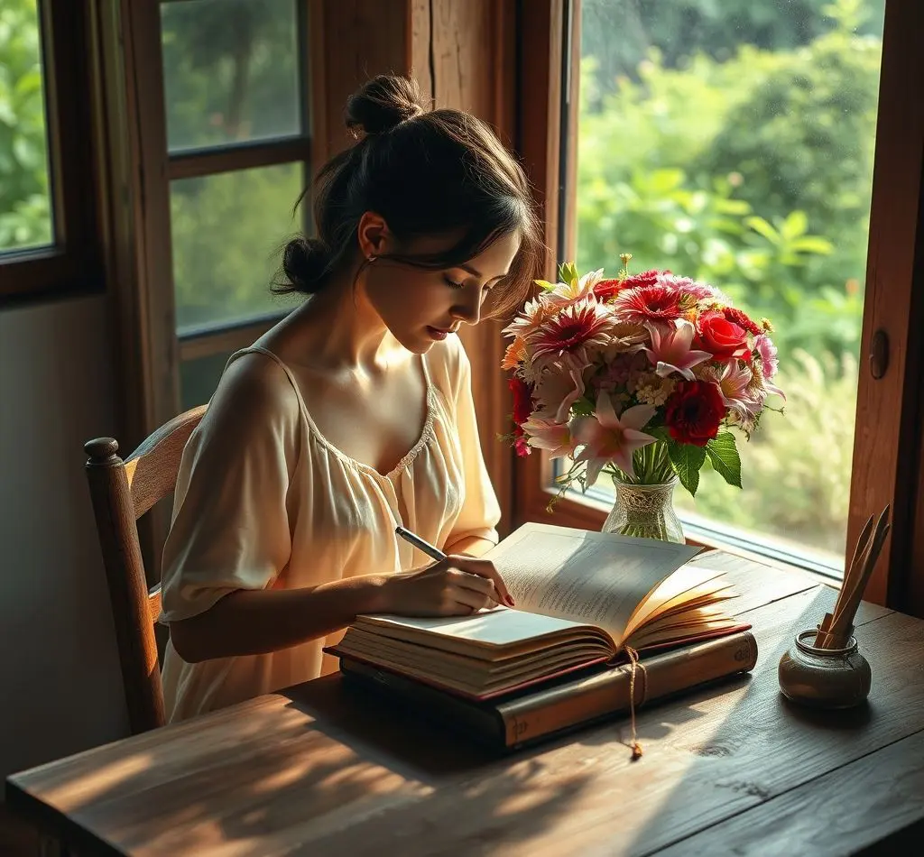 mujer escribiendo diario flores
