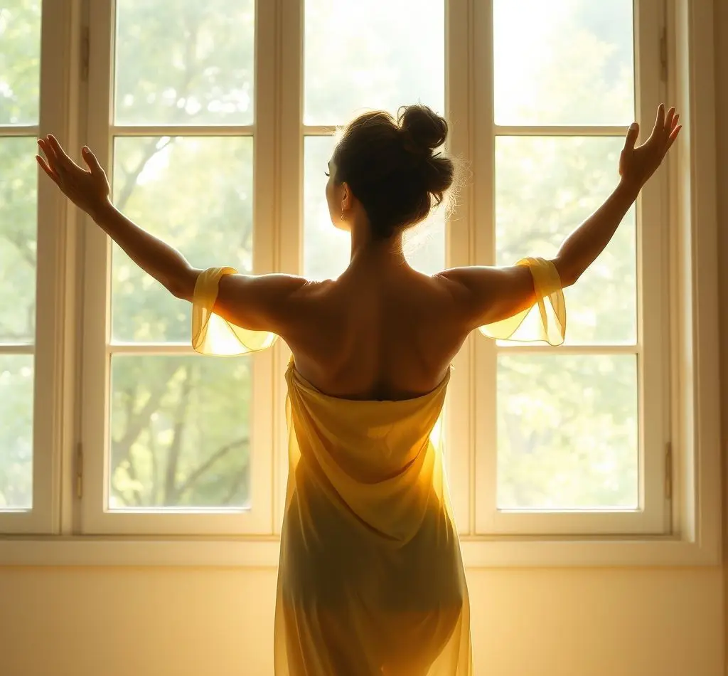 mujer estirando brazos ventana