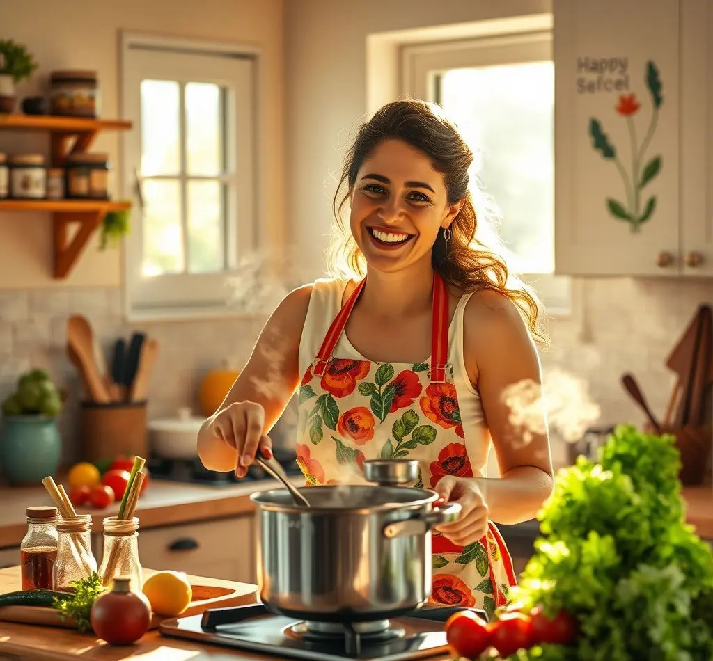 mujer feliz cocinando