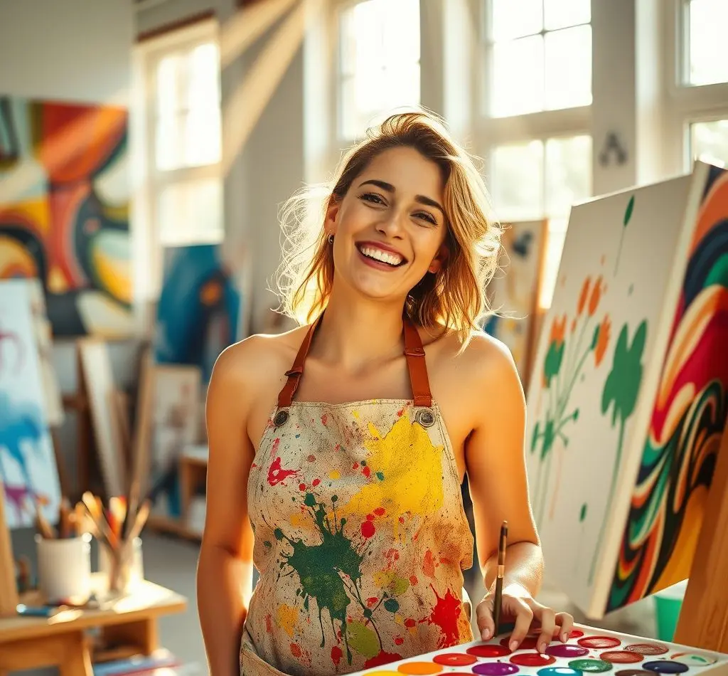 mujer feliz pintando cuadro