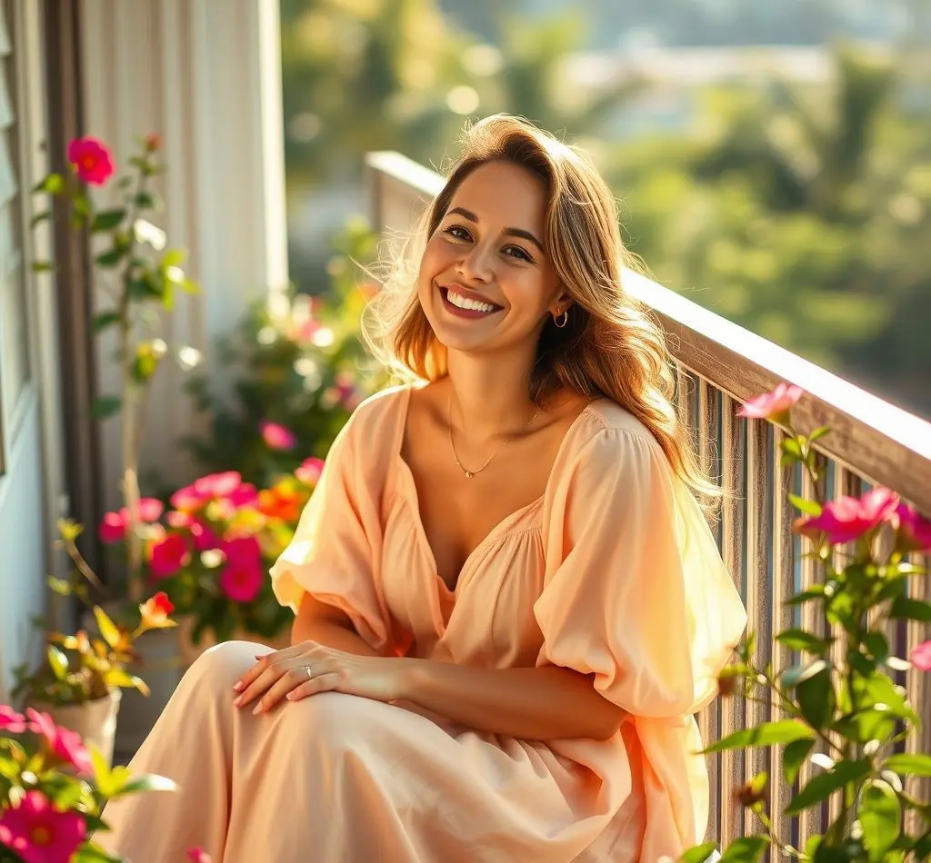 mujer feliz sentada calma