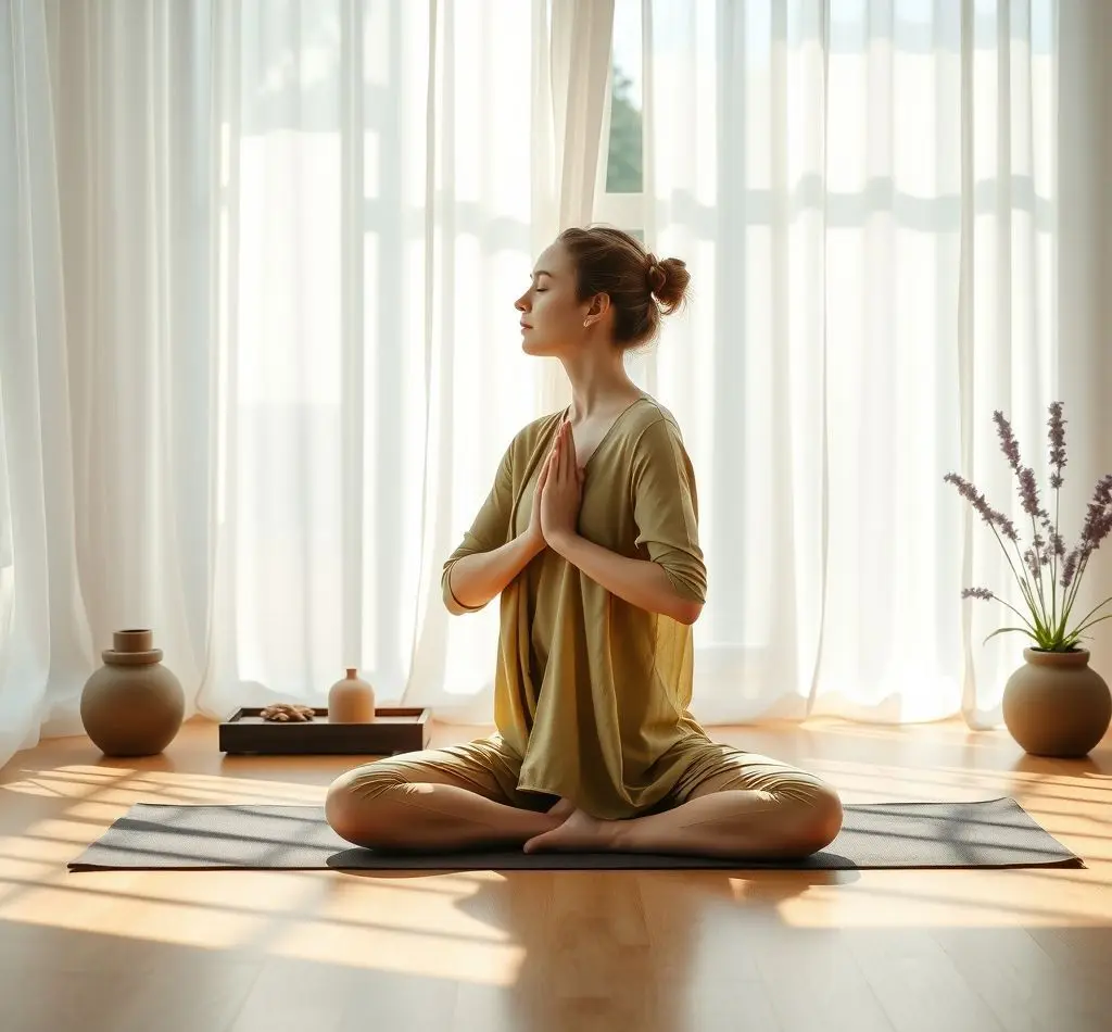 mujer haciendo yoga restaurativa