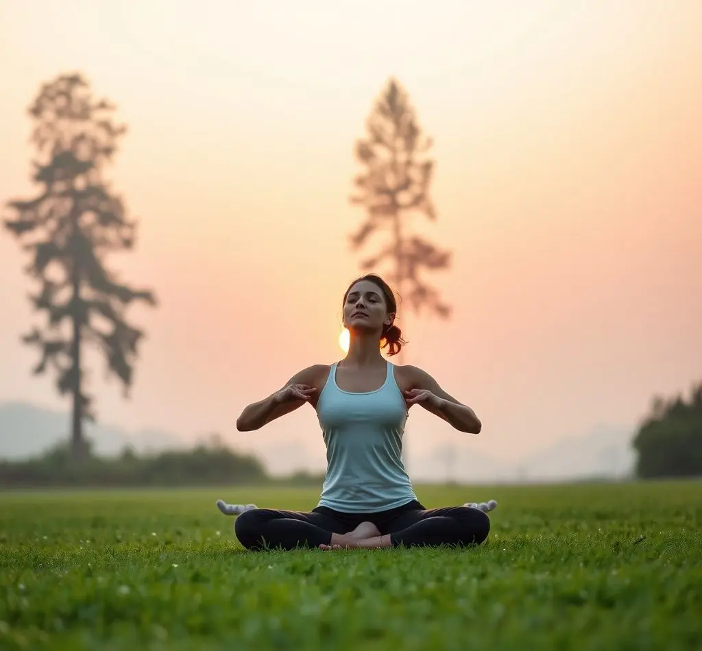 mujer haciendo yoga temprano afuera