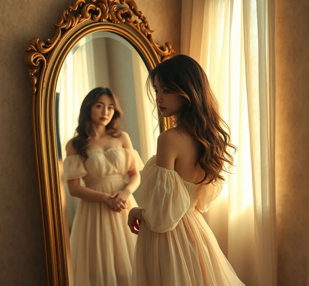 mujer joven mirando espejo