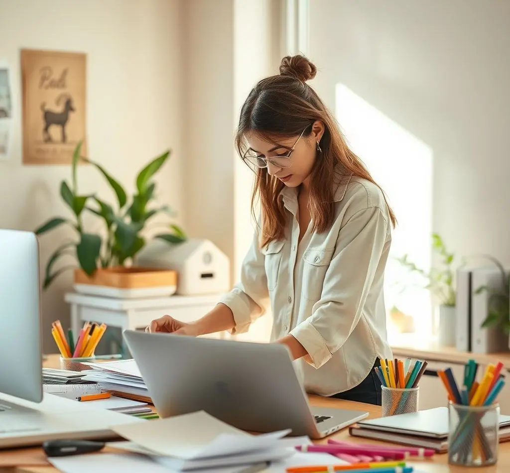 mujer limpiando escritorio