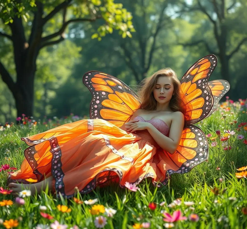 mujer mariposa reclinada
