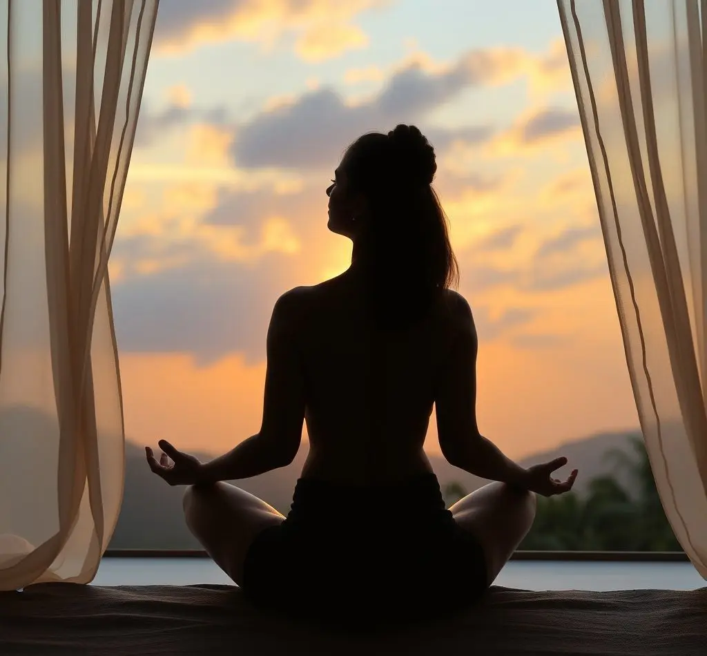 mujer meditando amanecer ventana