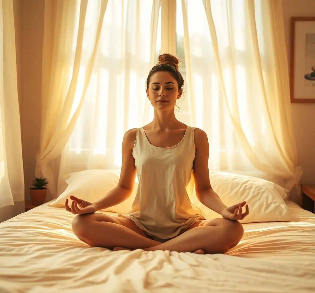 mujer meditando cama